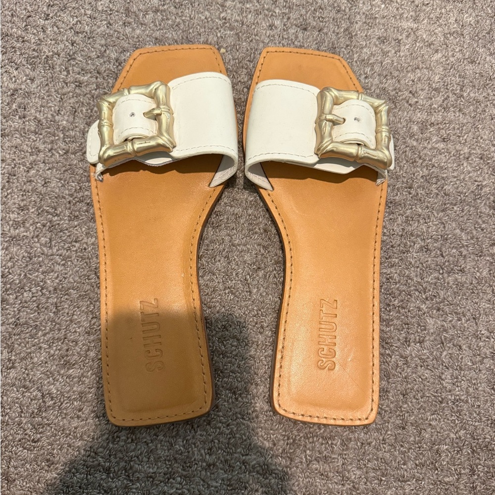 SCHUTZ Tan and Cream Sandals with Gold Buckle